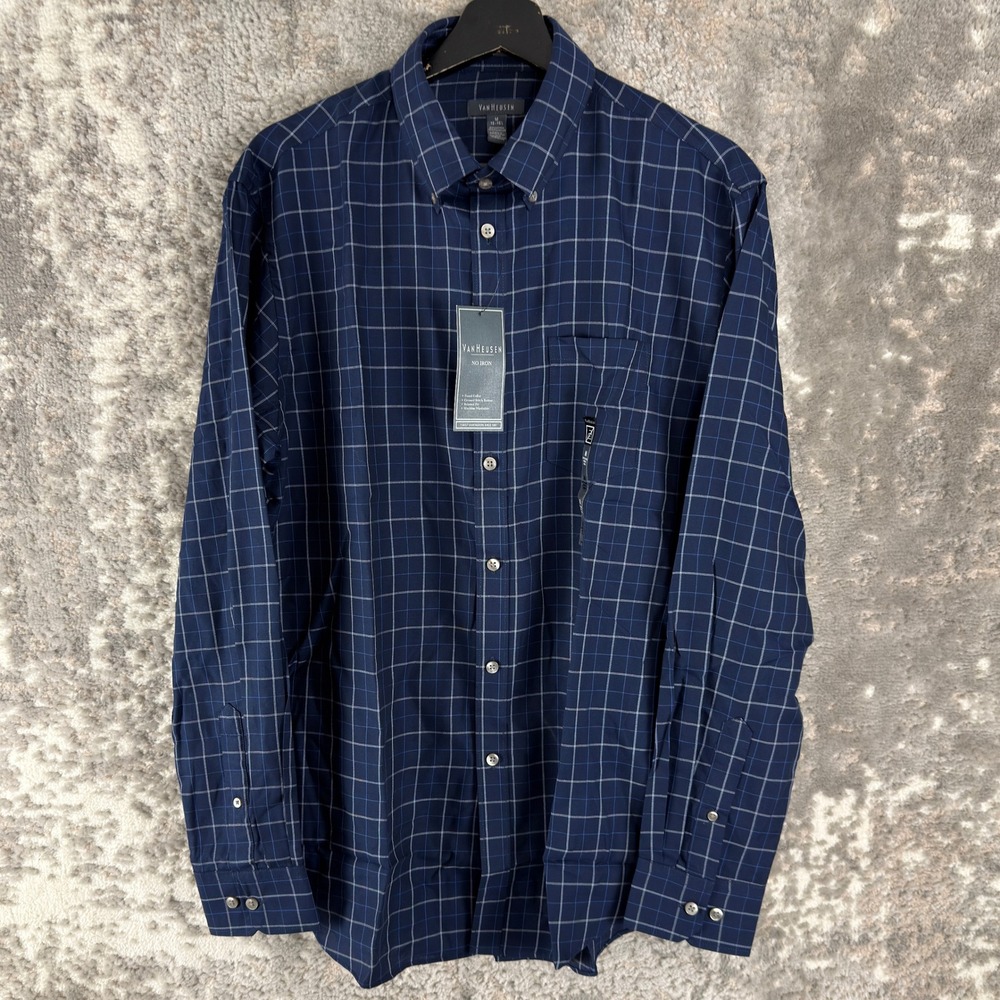 New Van Heusen Size M No Iron Relaxed Fit Plaid Button Down Shirt Blue Long Mens